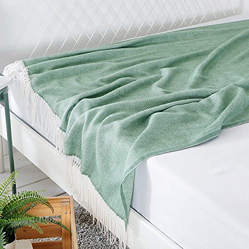BOURINA Herringbone Tone Throw Blanket Faux Cashmere Fringe Soft Lightweight Cozy for Bed Couch Decorative Throws Blanket, Green 50" x 60" - color: Green, size: 50"x60"