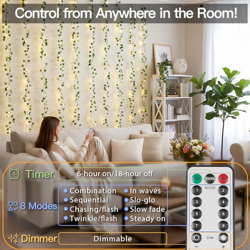 suddus Vines with Lights for Bedroom, 150 LED Fairy Lights with Vines, Ivy Curtain Lights for Bedroom, Dorm, Wedding, Party, Wall, Indoor, Outdoor Decor, 6.5ft x 4.9ft - color: Ivy, size: USB-150Led