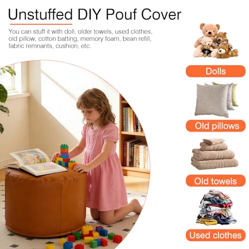 Unstuffed Ottoman Pouf Cover 20 X 15 Inch, Round Pu Leather Foot Stool, Floor Bean Bag(No Filler), Foot Rest with Storage for Living Room/Bedroom/Office, Orange - color: Orange