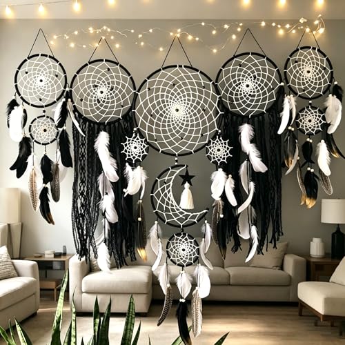 Set of 5 Boho, Hanging Large Boho Dream Catcher Macrame Wall Hanging Moon Dream Catcher Set Dream Catchers Wall Decor for Vintage Wedding Home Decorations (Black) - color: Black