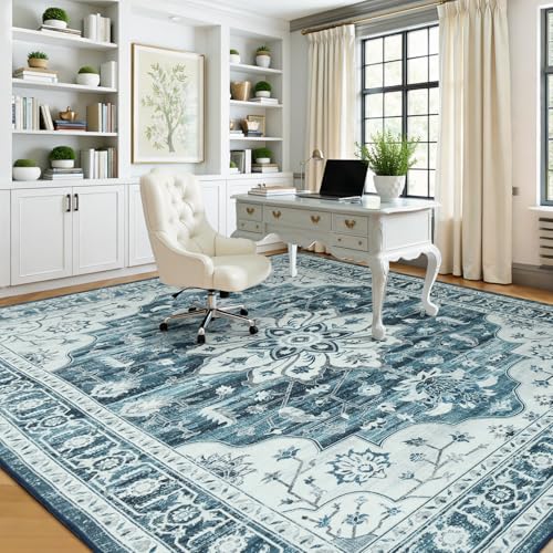6x9 Coastal Blue White Area Rugs for Living Room - Vintage Boho Medallion Aesthetic Distressed Washable Rug, Soft Non-Slip Backing Low Pile Carpet for Office, Lounge, Bedroom Foot of Bed - color: Coastal Blue White, size: 6' x 9' (Rectangular)