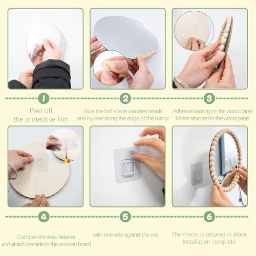 2 Set Boho Mirror Wall Décor DIY Kit, 8" Round Glass Mirror with Wood Beads, Rustic Farmhouse Decorative Wall Art for Living Room, Bedroom, Entryway (Assembly Required)