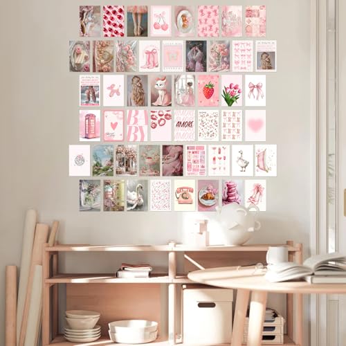 KBKBART 50Pcs Pink Coquette Room Decor Aesthetic Pictures, Pink Posters Coquette Room Decor, 4"x6" Wall Collage Kit for Teen Girls Dorm Bedroom, Cute Pictures Trendy Wall Art Prints - color: Pink Coquette, size: 4x6 inch x 50pcs