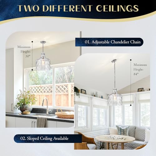 Farmhouse Pendant Light – Hand-Blown Clear Hammered Glass Shade, Chrome Finish, Adjustable Chain Hanging Fixture for Kitchen Island, Dining Room & Hallway, 15" H x 12" D - color: Chain Chrome