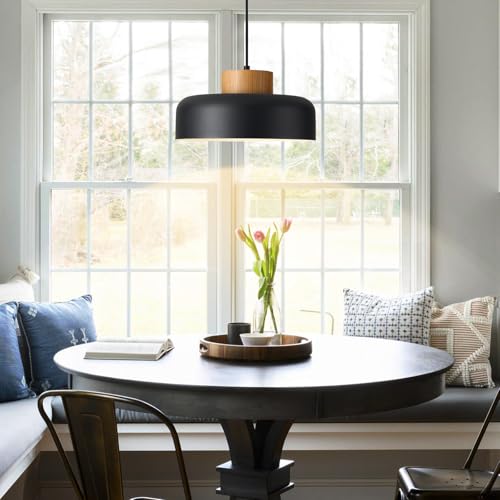 Modern Farmhouse Pendant Lights, 12.6 inch,Natural Wood Cap, Small Simple Ceiling Light Fixture for Kitchen Island, Dining Area, Matte Black - color: Black, size: 12.6 inches