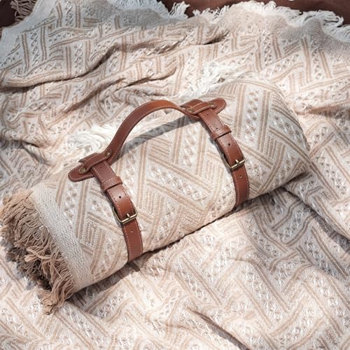 Frienda 70 x 120 Inch Extra Large Brown Outdoor Picnic Blanket Woven Cotton Yarn Blanket with Fringe and Leather Storage Strap Boho Decor for 8 to 12 Camping Lawn Wedding Photoshoot Beach Park Grass - color: Brown, size: 70 x 120 Inch