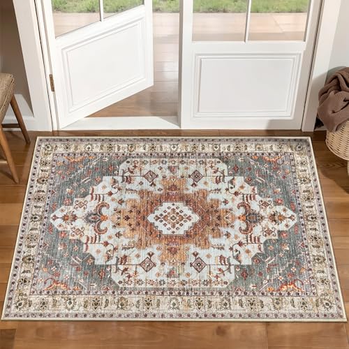 Tangsoo Vintage Rug 2x3 Washable for Entryway, Non Slip Small Area Rug, Indoor Front Door, Print Distressed Turmeric Door Mat Carpet, Soft Low Pile Rugs for Entrance Kitchen Bedroom Bathroom - color: Turmeric, size: 2' X 3' (Rectangular)