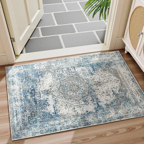 jinchan Area Rug 2x3 Washable Door Mat Vintage Distressed Rug Doormat Indoor Entrance Thin Traditional Floral Lightweight Non Slip Carpet for Kitchen Bedroom Living Room Blue - color: Vintage Blue, size: 2' x 3' (Rectangular)