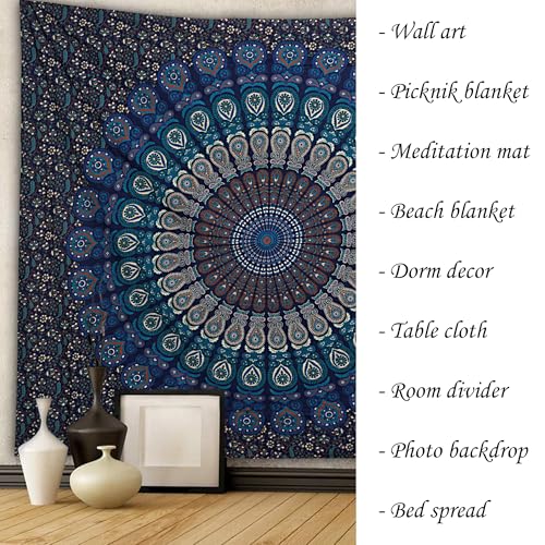 FURNISHFUL FINESSE Handmade Cotton Peacock Mandala Tapestry - Navy Blue & Green Ombre Boho Wall Decor, Bohemian Hippie Room Hanging for Bedroom & Living Room - 60x50 Inches - color: Navy Blue, size: 60"L x 50"W