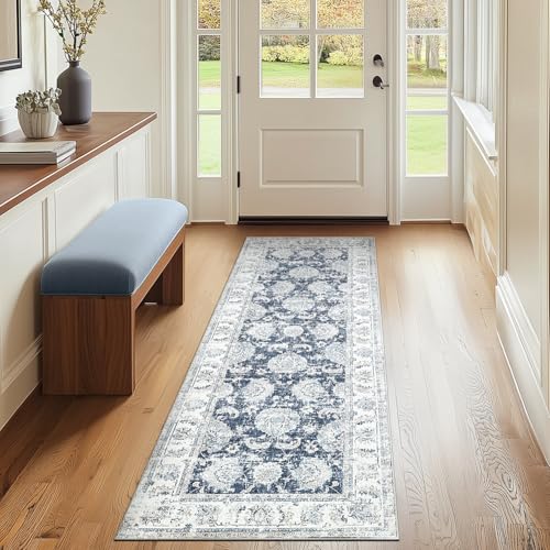 jinchan Fiora Runner Rug 2x5, Distressed Vintage Floral Washable Rug with Low-Pile Surface and Non-Slip Backing, for Entryway Kitchen Laundry Room Indoor Walkways and High-Traffic Areas, Dark Blue - color: Distressed Dark Blue, size: 2' x 5' (Light Weight