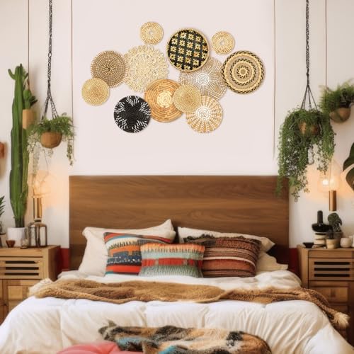 Glenmal Set of 13 Boho Wall Basket Decor Woven Rattan Flat Baskets Handmade Boho Wicker Bamboo Seagrass Wall Hanging Decor for Bedroom Living Room Dining Room Office Ready to Hang(Retro) - style: Retro