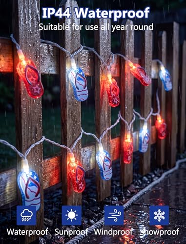 8.5Ft LED Tropical Beach Flip Flop String Lights, 4th of July American Flag Slipper Lights Plug in with 10 Bulbs, Independence Day Decoration Lights for Patriotic Party Festival National Day, White - color: Red White Blue Slipper