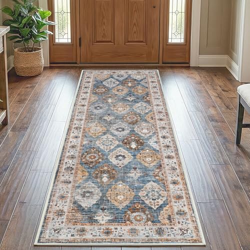 HOOBRO 2 x 6 Runner Rugs Washable, Area Rugs for Hallway Kitchen Bedroom Beside Laundry Bathroom Rug, Non-Slip Backing Stain Resistant Carpet, Pet Friendly Low Pile Soft Rug, Light Blue BU02AR01 - color: Light Blue, size: 2' x 6' (Rectangular)