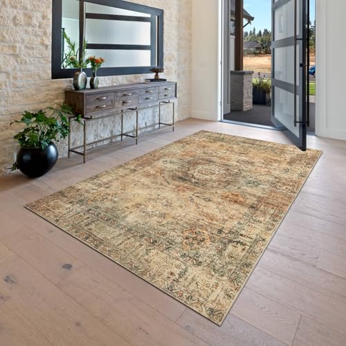 Area Rug 4×6, Vintage Boho Rug,Ultra-Soft Low Pile, Washable, Non Slip,Stain Resistant, Printed Carpet for Living Room Bedrooms Playroom Office Kitchen,Beige/Moss - color: Beige/Moss, size: 4×6