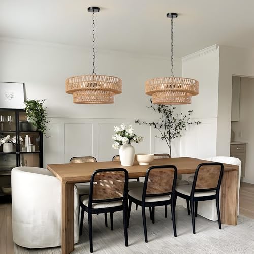 21.6 Inch Boho Rattan Chandelier, 5-Lights Hand Woven Bohemian Chandeliers with 2-Tier Drum Wicker Shade, Modern Farmhouse Large Pendant Light Fixture for Dining Room Living Entryway Bedroom - color: Black Metal, size: 21.6 Inch