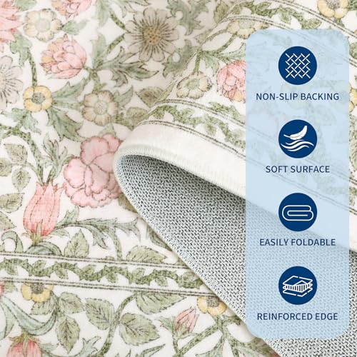 GarveeHome Pink and Green Beige 2.5x8 Runner Rug Washable Kitchen Rugs Non Slip Vintage Floral Boho Long Rug for Hallways Bedroom Entryway Bathroom Mat TPE Backing - color: A Beige / Pink, size: 2'6" x 8' (Runner)