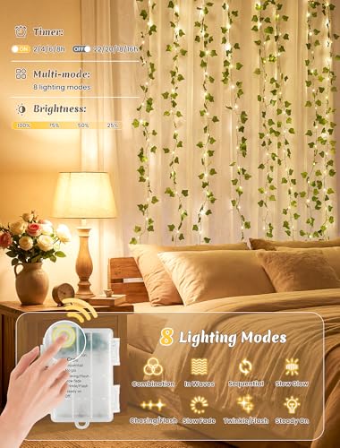 YOUNGAR Ivy Vines with Fairy Lights, Battery/USB Operated Leaf String Warm White Lights, 23FT 73LED Vine Lights with Remote for Bedroom Garland Wedding Birthday Garden Party Wall Room Headboard Decor - color: Ivy (Warm White), size: 73 LED-USB/Battery Rem