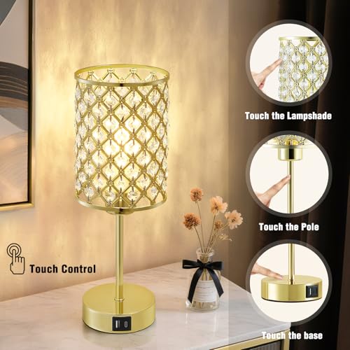 GyroVu Crystal Table Lamps Set of 2, Gold Touch Lamp for Nightstand with USB C+A Ports, Dimmable Small Bedside Lamp with Crystal Shade, End Table Desk Lamps for Bedroom, Living Room(Buld Included) - color: Gold-2, size: 14.75"