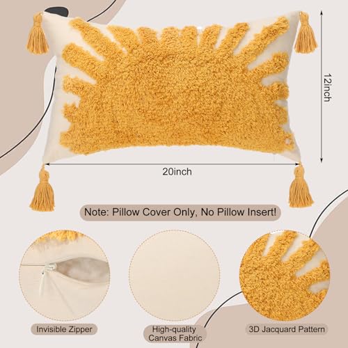 2 Pcs Boho Velvet Pillow Covers with Tassels 12 x 20 Inch 3D Tufted Sun Embroidery Sunshine Decorative Throw Cushion Case for Bedroom Sofa Living Room Couch Rustic Farmhouse Home Decor - style: Sun