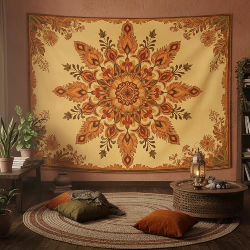Motanber Boho Mandala Floral Tapestry Wall Hanging Bohemian Orange Yellow Flower Tapestry Aesthetic Vintage Sunflower Indian Large Tapestries for Bedroom Living Room Dorm Wall Decor 80 x 60 Inch - color: Orange Yellow, size: 80"L x 60"W