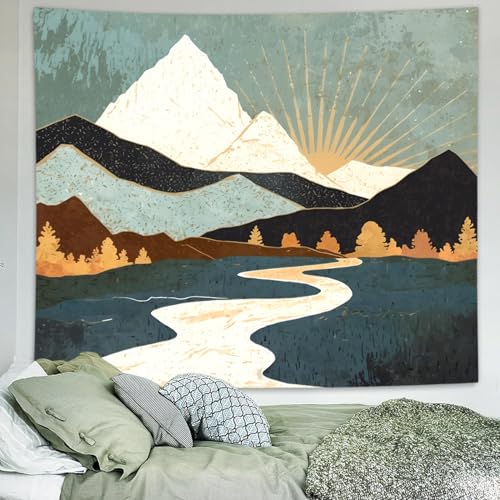 Delur Boho Mountain Tapestry Sunset Nature Forest Tree Landscape Wall Hanging Tapestry Sunrise Abstract Psychedelic Headboard for Bedroom Living Room Home Decor (70.8" x 92.5") - color: Boho Mountain, size: 70.8"L x 92.5"W