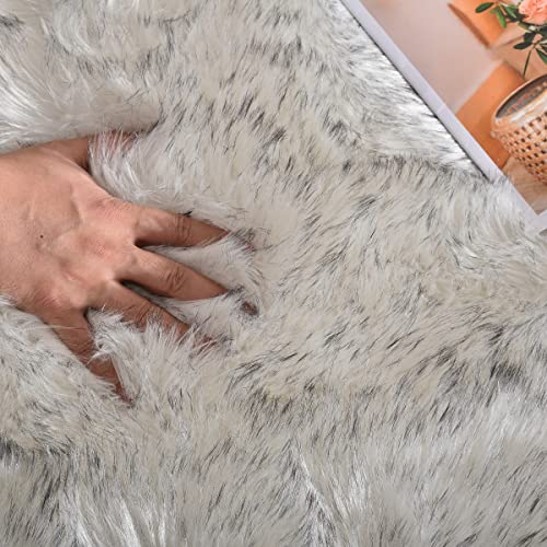 ORINOVA White and Grey Faux Fuzzy Fur Sheepskin Washable Area Rugs for Living Room 2x3 Boho Shag Nursery Rug Cute Home Décor - color: White With Grey Tips, size: 2' x 3' (Rectangular)