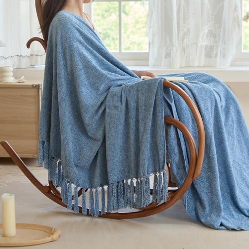 Simple&Opulence Soft Chenille Throw Blanket 50'' x 60'' - Cozy Fluffy Blanket with Fringe Tassel, Farmhouse Boho Blankets for Couch Bed Office Chair Gift Home Decor All Season Use, Blue - color: Blue