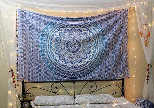 ANJANIYA Ombre Wall Hanging Bohemian Tapestry, Metallic Wall Art Bedspread, Psychedelic Hippie Mandala Dorm Décor for Hanging, Bedding, Beach Coverlet Curtain, Blue, Twin 55"X85" - color: Blue, size: 85"L x 55"W
