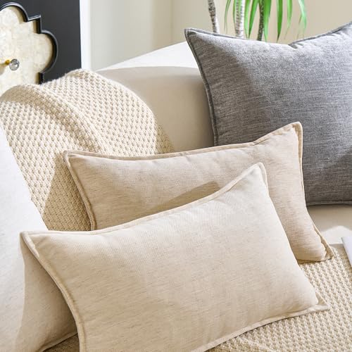 Chenille Linen Lumbar Pillow Covers 12x20 Set of 2, Thick Textured Boho Pillow Covers, Farmhouse Decorative Pillow Covers, Neutral Vintage Accent Covers for Couch Sofa Bed, Cream White - color: Cream White, size: 20" x 12" (Pack of 2)