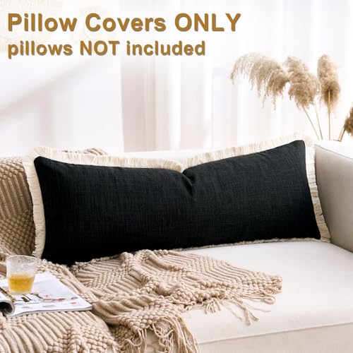 Boho Pillow Covers 14x36 Inch Black Rectangular Pillow Cover Farmhouse Pillowcase Faux Linen Long Body Pillow for Bedroom Living Room Couch Sofa Home Décor Pack of 1 - color: Black, size: 36" x 14" (Pack of 1)