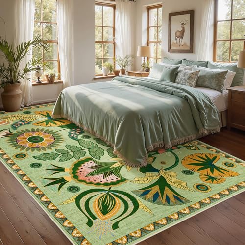 Joydeco Egypt Floral Boho 8x10 Area Rug for Living Room, Washable Sage Green Bedroom Dining Room Rug Non Slip, Vintage Large Indoor Throw Carpet for Playroom Nursery Dorm Classroom - color: Sage Green, size: 8' x 10' (Rectangular)