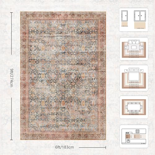 6x9 Area Rugs - Washable Vintage Retro Living Room Rug, Soft Ultra Thin Non Slip Low Pile Traditional Distressed Boho Carpet for Bedroom Dining Room Nursery Home Office, Rust Clay - color: A-rust Clay, size: 6x9