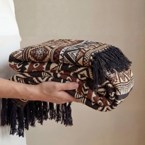 CASAAGUSTO Boho Throw Blanket with Tassel, Farmhouse Western Flannel Bohemian Blanket, Vintage Native Mexican Decorative Throw, Ideal for Gifting (50x60 Inches, Brown Black) - color: Brown Black, size: 50X60