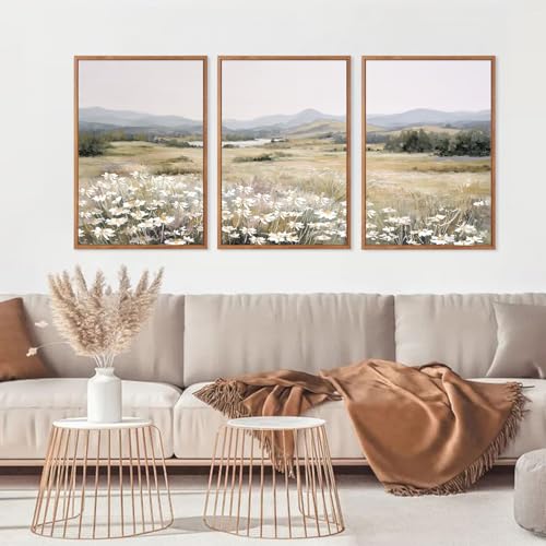 KAIRNE Landscape Canvas Wall Art,Boho Floral Prints Set of 3(16”X24”),Flower Garden Paintings,Wildflower Field Scene Wall Decor,Botanical Art for Living Room Bedroom Kitchen Farmhouse Decor,Framed - color: Boho Floral(medium), size: 16"Lx24"W