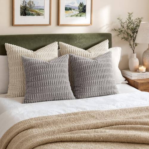 MIULEE Pack of 2 Corduroy Decorative Throw Pillow Covers 12x12 Inch Soft Boho Striped Pillow Covers Modern Farmhouse Home Decor for Sofa Living Room Couch Bed Light Grey - color: Light Grey, size: 12" x 12" (Pack of 2)