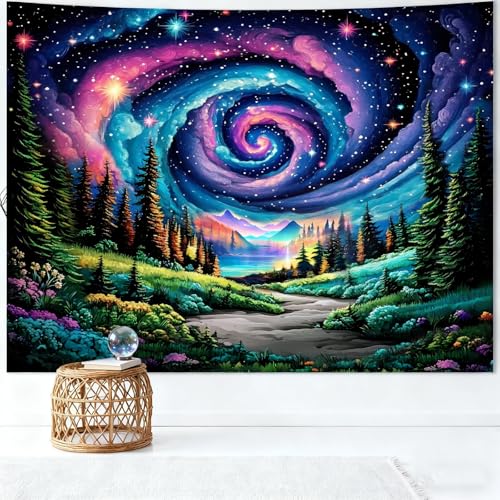 Apdidl Space Galaxy Forest Tapestry for Bedroom, Green Nature Landscape Colorful Night Starry Sky Stars Wall Tapestry, Mysterious Nebula Mountain Wall Hanging Backdrop Decor for Living Room 60" X 79" - color: Forest Galaxy Tapestry, size: 79"L x 60"W