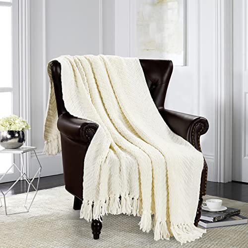HOMEIDEAS Warm Tassel Knit Blanket Throw Size for Couch Sofa Bed, Cream Thick Knitted Armchair Office Chair Throw Blankets, Winter Chunky Blankets(50x60) - color: 750gsm Ivory/Cream