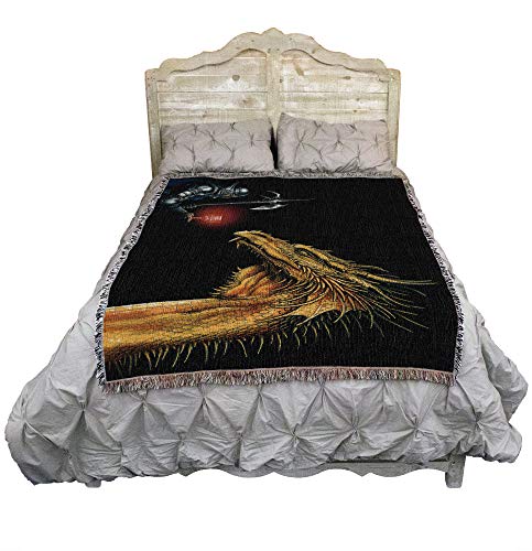 Pure Country Weavers Gold Dragon with Knight Blanket by Ciruelo - Gift Fantasy Tapestry Throw Woven from Cotton - Made in the USA (72x54) - color: Gold Dragon