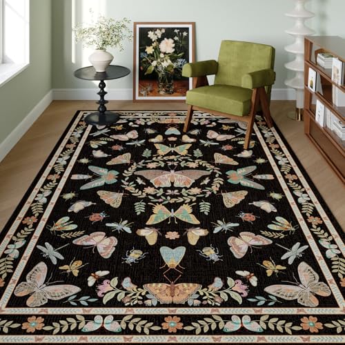 Unirea 4x6 Washable Living Room Bedroom Area Rug, Black Boho Non Slip Soft Stain Resistant Insect Bug Rug for Home Office, Kitchen, Nursery, Dining Room Laundry Room, Low Pile Thin Carpet - color: Black, size: 4'x6'