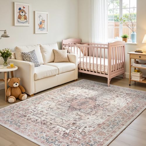 5x7 Dusty Pink Area Rugs for Living Room - Vintage Light Pink Boho Medallion Aesthetic Distressed Washable Rug, Soft Non-Slip Backing Low Pile Carpet for Nursery, Lounge, Bedroom Foot of Bed - color: Dusty Pink, size: 5' x 7' (Rectangular)