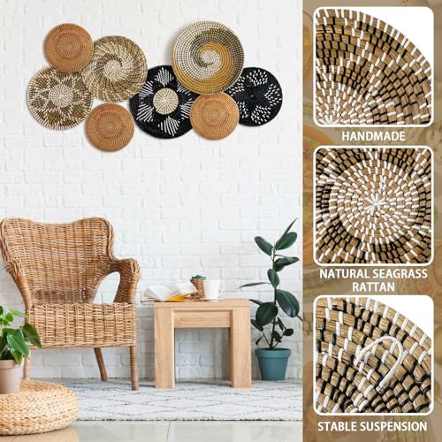 Xuhal 8 Pcs Boho Wall Basket Decor Decorative Bulrush Woven Basket Wall Decor Rustic Farmhouse Hanging Baskets for Kitchen Rustic Home Summer Decorations(Vintage) - style: Vintage