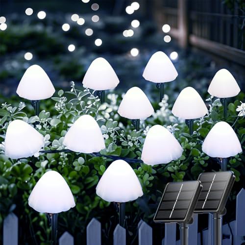 OZS 2PK 32LED 55FT Mushroom Solar Garden Lights Outdoor, Solar String Lights Waterproof with 8 Lighting Modes, Solar Garden Decor for Outside, Pathway Light for Yard Decoration (Cool White) - color: Mushroom-Cool White