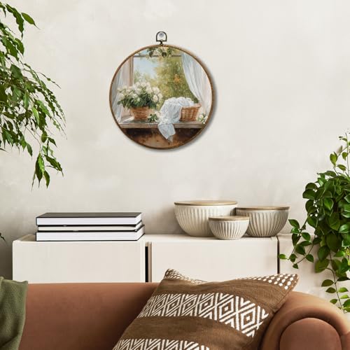 JUIOEIU Vintage Laundry Room Round Wall Decor,Rustic Farmhouse Framed Canvas Prints, Country Cottagecore Landscape Floral Wall Art Hanging Decorations for Washroom Bathroom Laundry Room Decor, 10x10in - color: Laundry room02