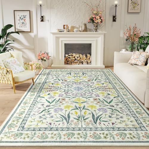 Amearea 6x9 Feet Floral Area Rugs for Living Room, Green Rugs for Bedroom Girls, Cute Kids Room Print Carpet Vintage Low Pile Machine Washable Area Rugs, Office Nursery Dining Room Farmhouse Decor - color: Green, size: 6x9 Feet
