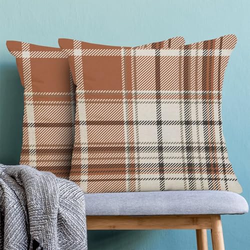 Autumn Pillow Covers 18x18 Inch Set of 2, Fall Thanksgiving Harvest Outdoor Decorative Throw Pillowcase Light Brown White Plaids Cushion Cover for Sofa Couch Farmhouse Living Room Bed Decor - color: Icv 12, size: 18" x 18" (Pack of 2)
