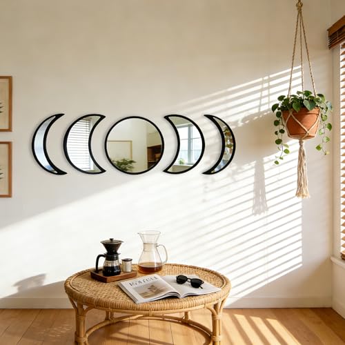 5-piece Set of Moon Phase Mirror Decorations in Nordic Style, Acrylic Mirror paired with Wooden Combination, Bohemian Style Living Room Bedroom Home Decoration, Black (Black) - color: Black