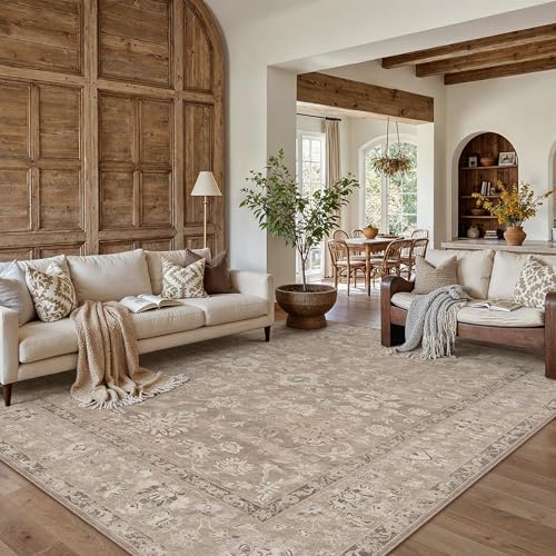 HUGEAR 8x10 Washable Vintage Area Rug Light Brown Neutral Distressed Low Pile Non Slip Soft Carpet Indoor Large Throw Rug for Living Room Bedroom Dining Room Home Office - color: Light Brown, size: 8' x 10' (Rectangular)