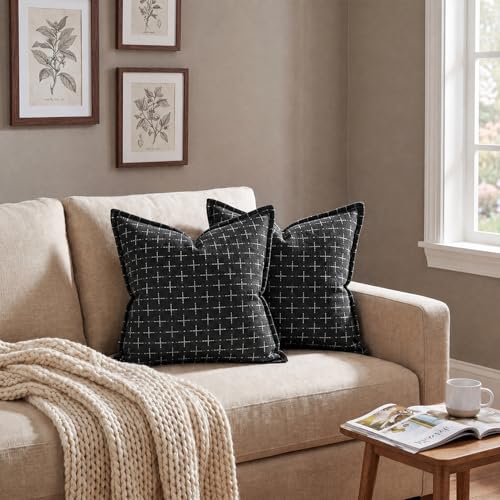 AVOIN colorlife Pack of 2 Decorative Throw Pillow Covers 18x18 Inch, Flange Edges Woven Textured Cushion Case Home Decor for Couch Sofa Bed Living Room Black - color: Black, size: 18" x 18" (Pack of 2)