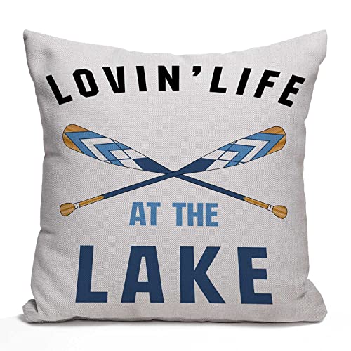Nphuriy Black Blue Word Art Quote Loving Life at The Lake Wooden Paddle Oar Summer Decorative Throw Pillow Cover Case Cushion Home Living Room Bed Sofa Car Cotton Linen Square 16 x 16 Inches - color: Multi 32