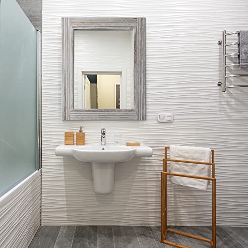 YOSHOOT Hand-Made Wooden Spliced Wall Mirror for Bathroom, Rustic Farmhouse Vanity Mirror, Décor Wall Art, Solid Wood Frame, Vertical or Horizontal Hanging - color: Spliced White Grey, size: 32"L x 24"W